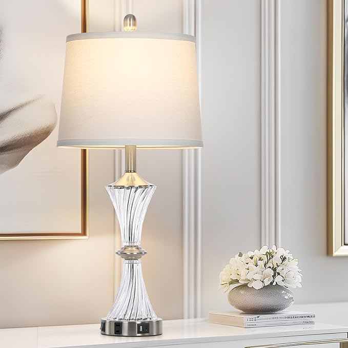 Crystal Glass Table Lamp with USB C+A Ports & AC Outlet,White Clear Modern Bedroom Lamp,Silver Lamp for Living Room,Nightstand Lamp LED Bulbs Included,Single Silver