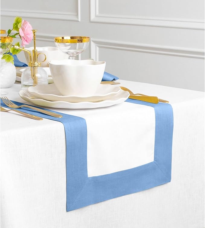 Solino Home Linen Table Runner 108 Inches Long - Cornflower Blue and White 100% Pure Linen 14 x 108 Inch Table Runner for Dining - Contempo