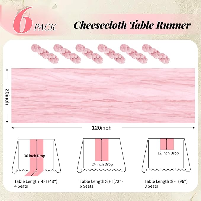 Aktor 6 Pack Pink Cheesecloth Table Runner 10Ft Gauze Table Runner Boho Semi Sheer Cheese Cloth Fabric Runners for Wedding Birthday Baby Shower Party Table Decoration（Pink）