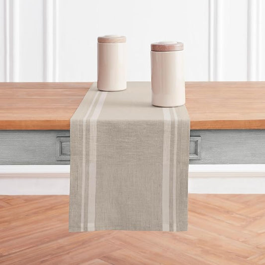 Solino Home Linen Table Runner 72 Inches Long - 100% Pure Linen White and Natural French Stripe Table Runner 14 x 72 Inch for Dining, Dresser