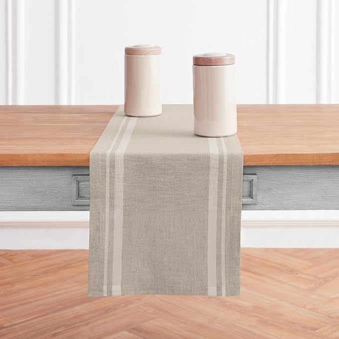 Solino Home Linen Table Runner 144 Inches Long - 100% Pure Linen White and Natural French Stripe Table Runner 14 x 144 Inch for Dining