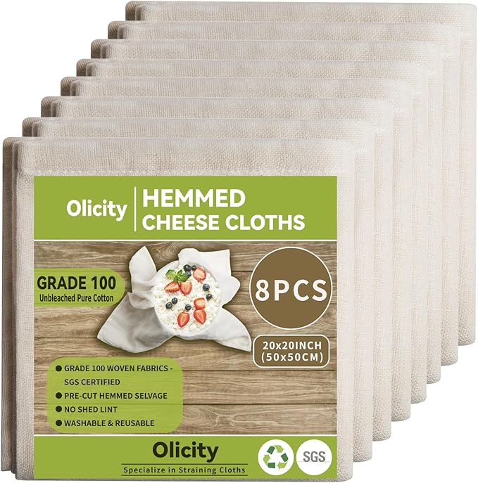 Olicity Cheesecloth Bulk, 8PCS, Grade 100, 20x20Inch Hemmed Cheese Cloth Fabric Reusable Fine Mesh Cloth, 100% Cotton Unbleached Precut Muslin Cheesecloth for Straining, Cooking, Baking, Cheese