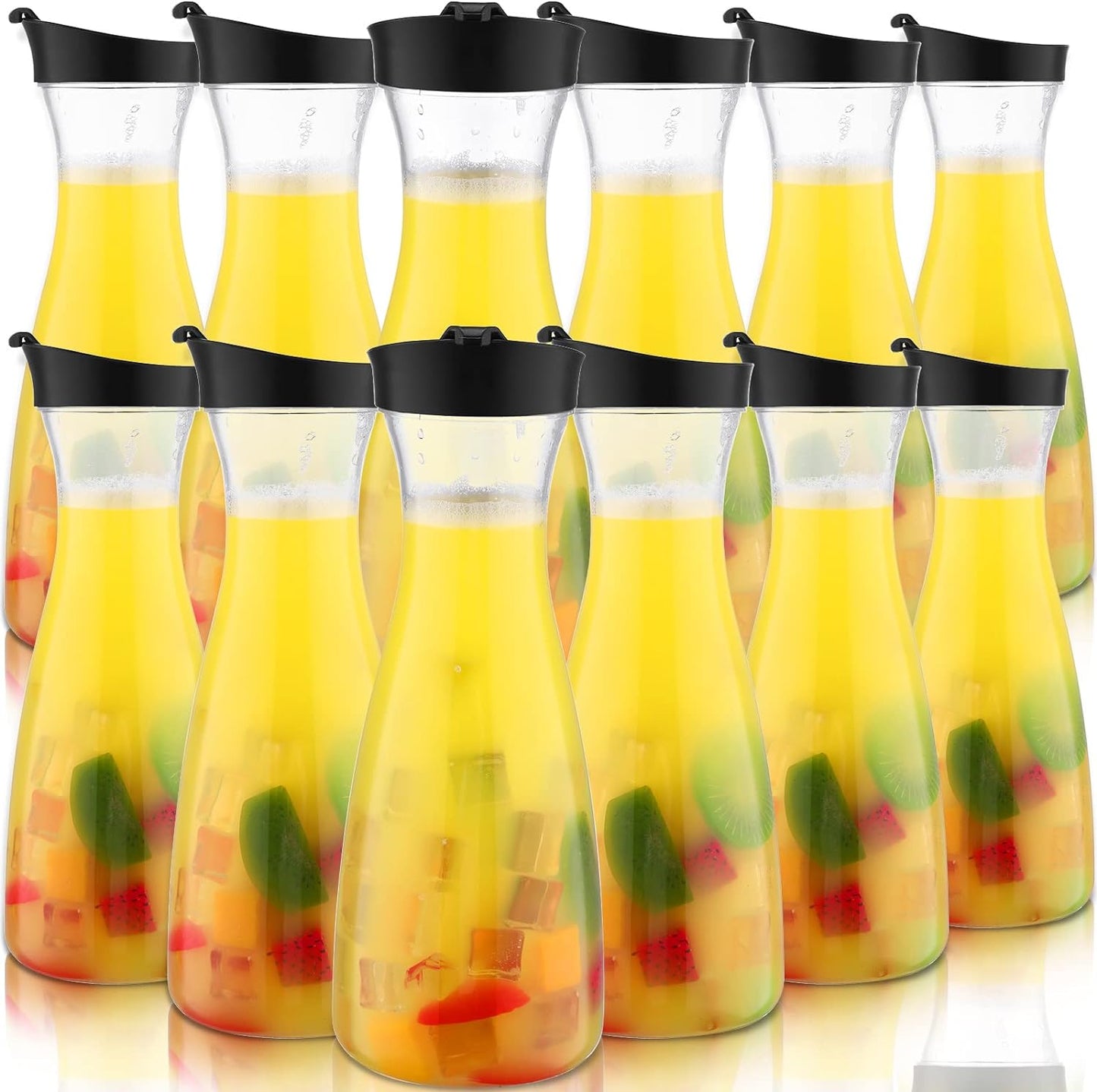 Xinnun 12 Pcs Water Carafe with Flip Top Lid Plastic Carafe with Black Lid Clear Plastic Water or Juice Beverage Pitcher Beverage Pitcher Jug for Restaurant Party School Bar Juice Milk Coffee (20 oz)
