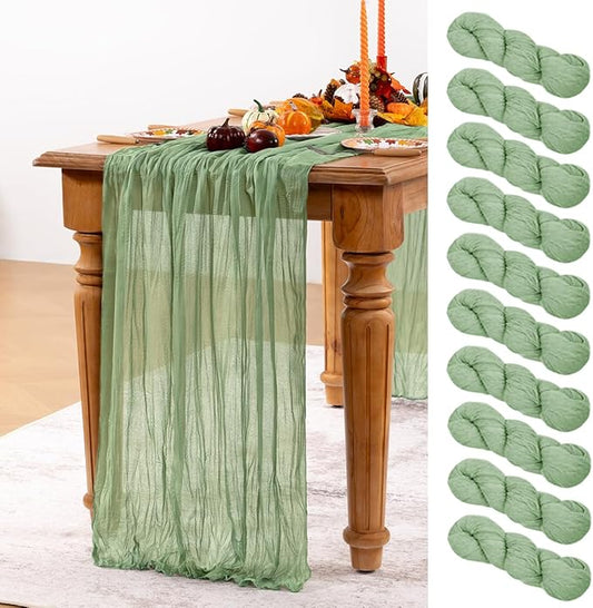 Sage Green Cheesecloth Table Runner 10 Pack Christmas Table Runners Boho Gauze 120 Inches Sage Cheese Cloth Table Decor for Xmas Holiday Season Parties Wedding Bridal Baby Shower Tea Party