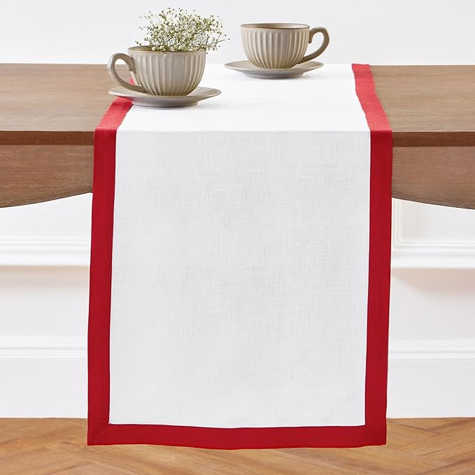 Solino Home Linen Table Runner 72 Inches Long - 100% Pure Linen Red and White Dining Table Runner 14 x 72 Inch for Christmas, Holiday, Winter, New Year - Classic
