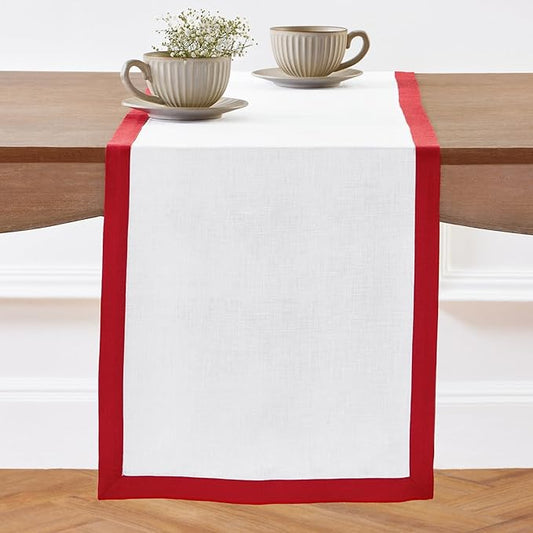 Solino Home Linen Table Runner 36 Inches - 100% Pure Linen Red and White Table Runner 14 x 36 Inch Ideal for Dresser and Coffee Tables - Classic - Christmas, Holiday, Winter, New Year