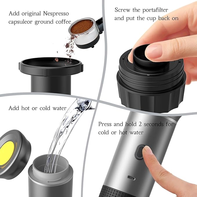 Zcyge 5-CUP Portable Coffee Maker Espresso Machine, Travel Camping Coffee Makers, Mini Battery Portable Espresso Self-Heating Car Coffee Maker With Ground Coffee & NS Capsule