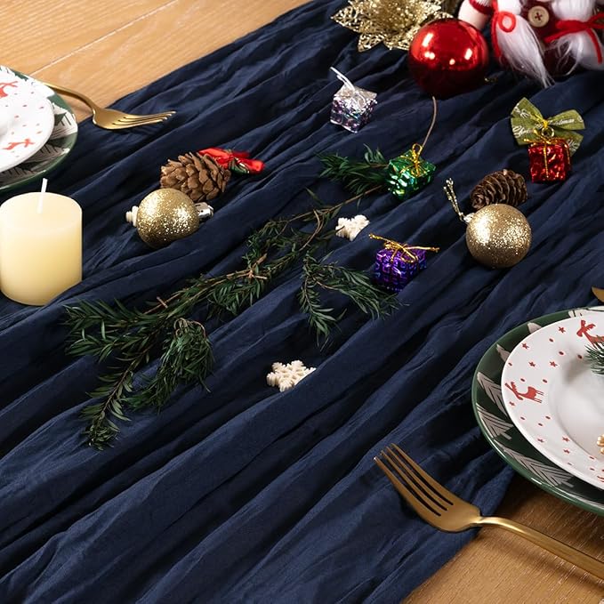 Navy Blue Cheesecloth Table Runner Christmas Table Runner Boho Gauze 120 Inches Navy Cheese Cloth Table Decor for Xmas Holiday Season Parties Wedding Bridal Baby Shower Party Christmas Dinner