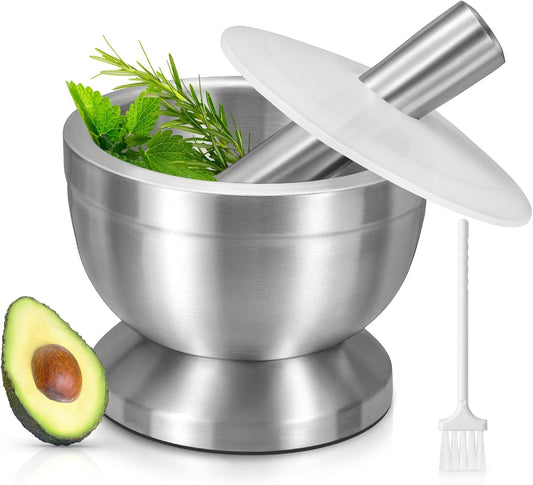 Mortar and Pestle, Sopito 18/8 Stainless Steel Spice Grinder Pill Crusher with Lid for Crushing Grinding Ergonomic Design with Anti Slip Base and Comfy Grip