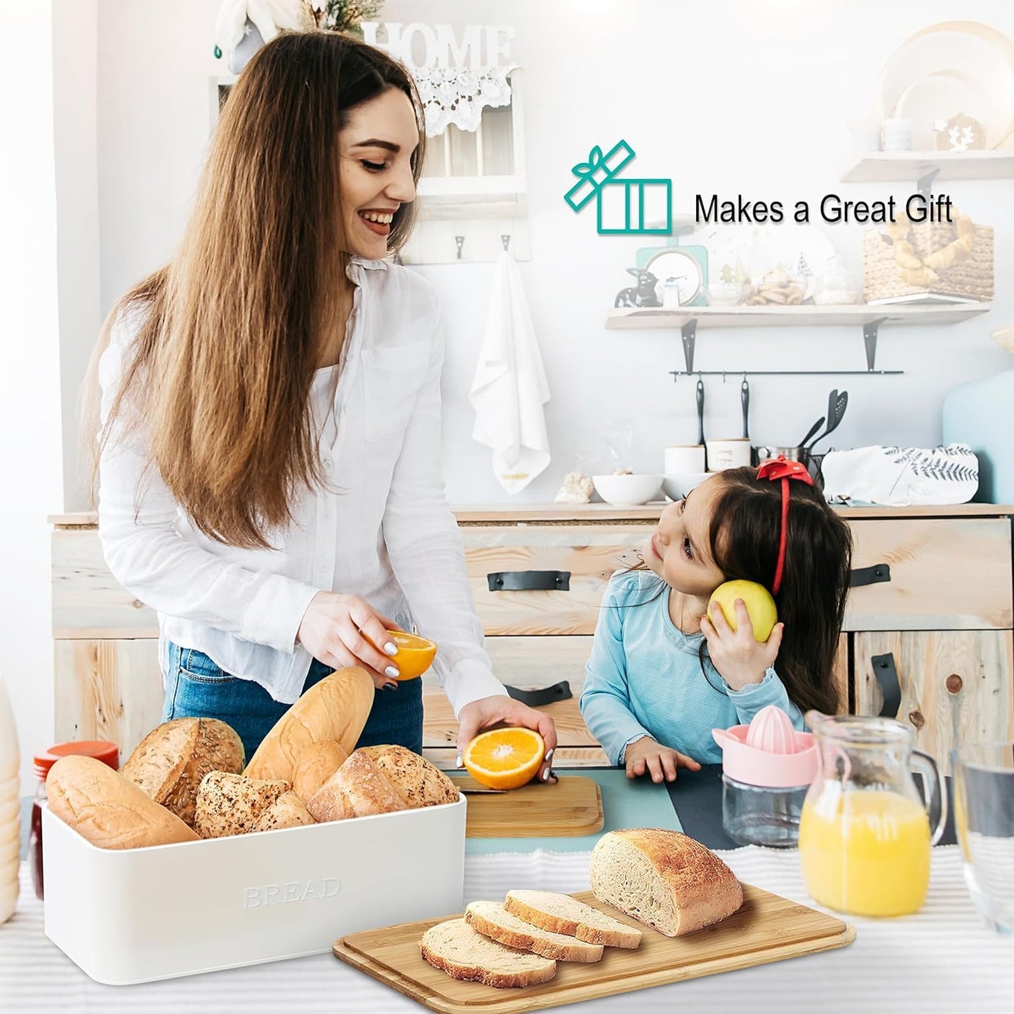 White Bread Box for Kitchen Countertop, Small Storage Container with Bamboo Lid, Modern Kitchen Organizer for Sourdough, Buns, and Loaves, Bread Storage with Cutting Board Lid