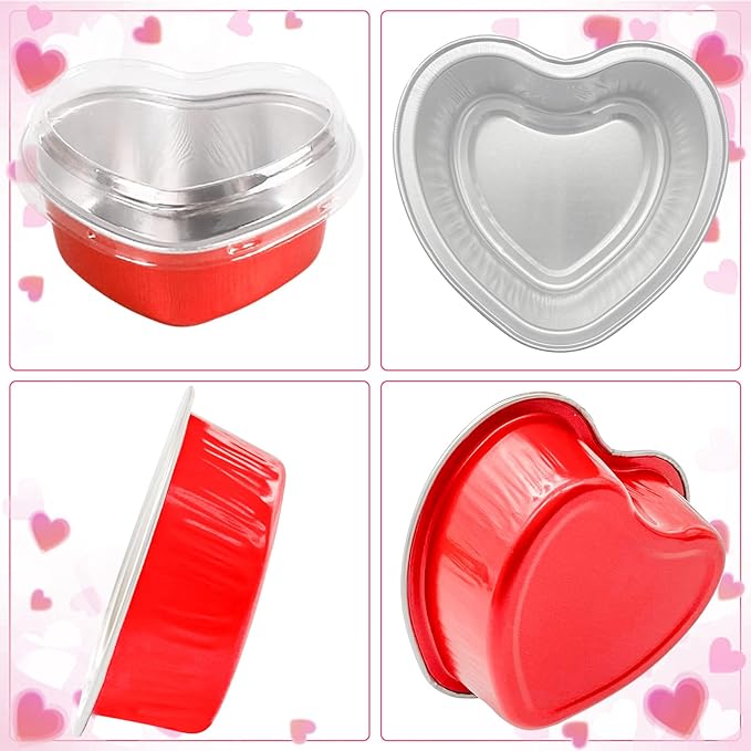 Heart Shaped Cake Pans Valentine Aluminum Mini Cake Pans with Lids for Baking 30 Packs 3.4 Ounces Disposable Cupcake Cup Pan Baking Pans for Valentine Mother's Day Wedding Birthday Baking Supplies