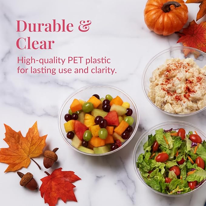 Prestee 12 Pack Clear Plastic Serving Bowls - 48 Oz Round Reusable and Disposable Bowls for Parties and Events - Sturdy and Durable Plastic Bowl for Serving Food, Salads, Snacks, Chips, and Candies