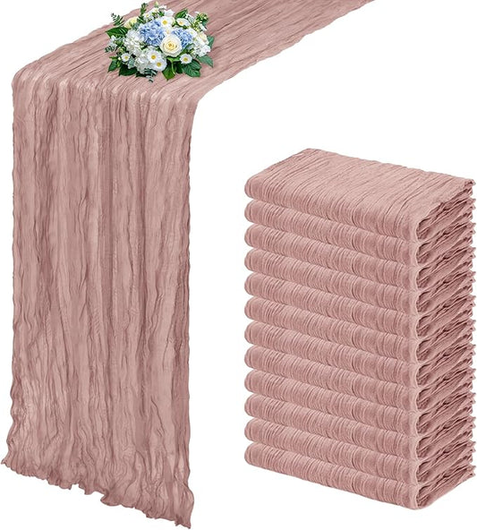 12 Pack Dusty Pink Cheesecloth Table Runner 17x108 Inch Semi Sheer Boho Gauze Cheese Cloth Fabric Table Runners, for Wedding Party Baby Shower Birthday Home Decor Garden Farmhouse
