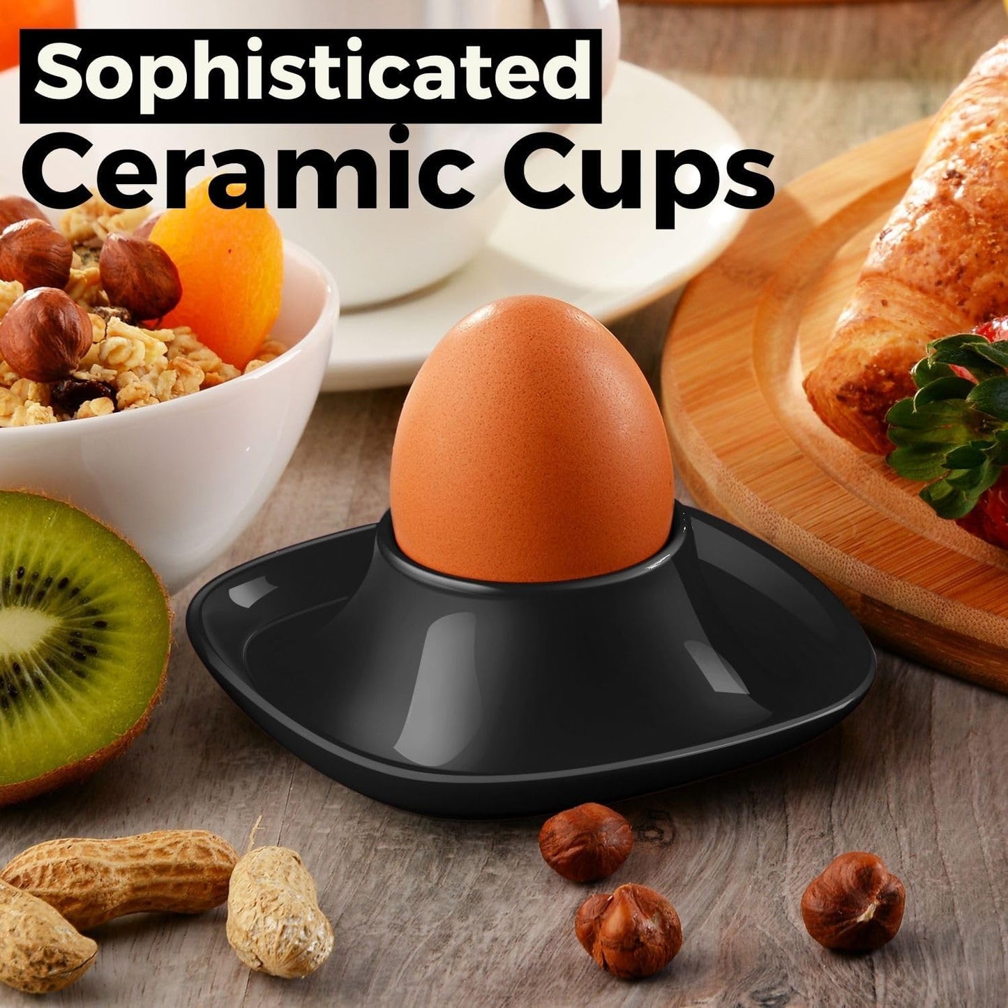 Flexzion Soft Boiled Egg Holder Set - 4-Piece Black Ceramic Egg Cup, Stackable Egg Coddler Cups with Base for Serving, Breakfast, Brunch - Kitchen Table Decor, Black