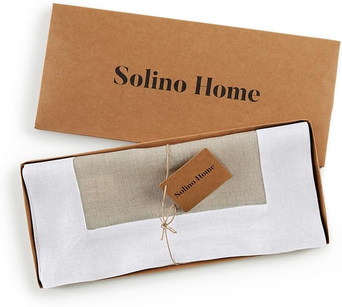 Solino Home Linen Table Runner 120 Inches Long - White and Natural 100% Pure Linen 14 x 120 Inch Table Runner for Dining, New Year, Holiday, Winter - Contempo