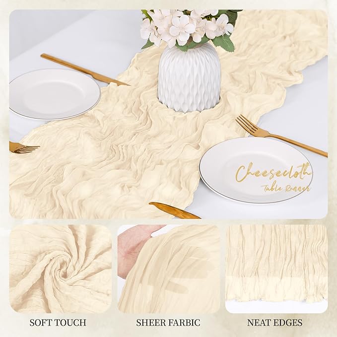 6 Pack Ivory Cheesecloth Table Runner 17x108 Inch Semi Sheer Boho Gauze Cheese Cloth Fabric Table Runners, for Wedding Party Baby Shower Birthday Home Decor Garden Farmhouse