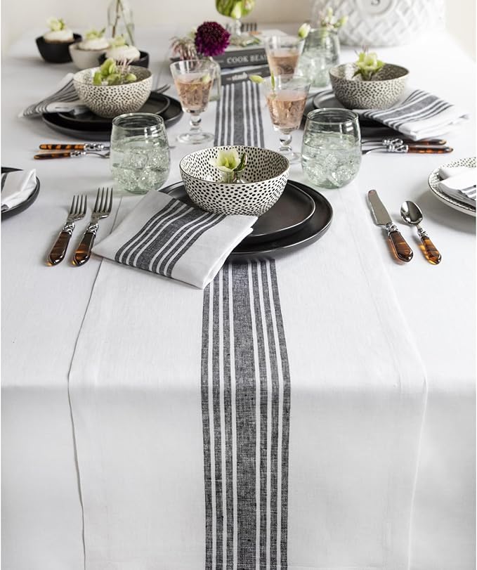 Solino Home Linen Table Runner 60 Inches - 100% Pure Linen Black and White Farmhouse Table Runner 14 x 60 Inch Ideal for Dresser and Coffee Tables - Holiday