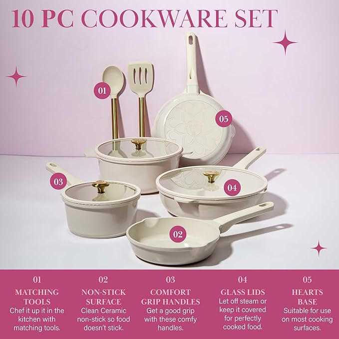 Paris Hilton Ceramic Nonstick Cookware Set, Cast Aluminum with Dual Layer Nonstick Coating, Gold Heart Knobs, Stay-Cool Handles, Made without PFAS, PFOA, PFOS & PTFE, Dishwasher Safe, 10-Piece, Cream