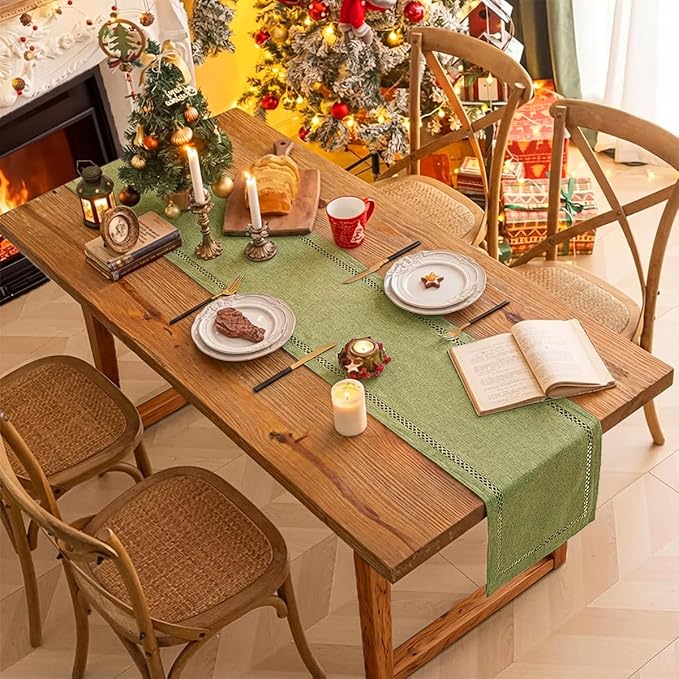 Burlap Style Farmhouse Table Runner, 13 x 108 Inch Sage Green, Rustic Geometric Hollow Table Runners 108 Inches Long for Dresser Table Everyday Use, 13x108 Inches, Sage Green