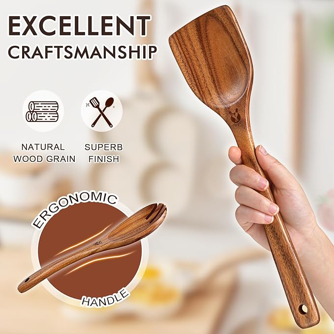 Wooden Spoons for Cooking, 9 Pcs Natural Teak Wooden Utensil Set with Spoon Rest, Comfortable Grip Wooden Cooking Utensils Set with Holder for Nonstick Cookware, Sturdy, Lightweight & Heat Resistant