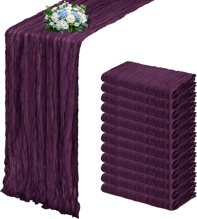 12 Pack Dark Purple Cheesecloth Table Runner 17x108 Inch Semi Sheer Boho Gauze Cheese Cloth Fabric Table Runners, for Wedding Party Baby Shower Birthday Home Decor Garden Farmhouse