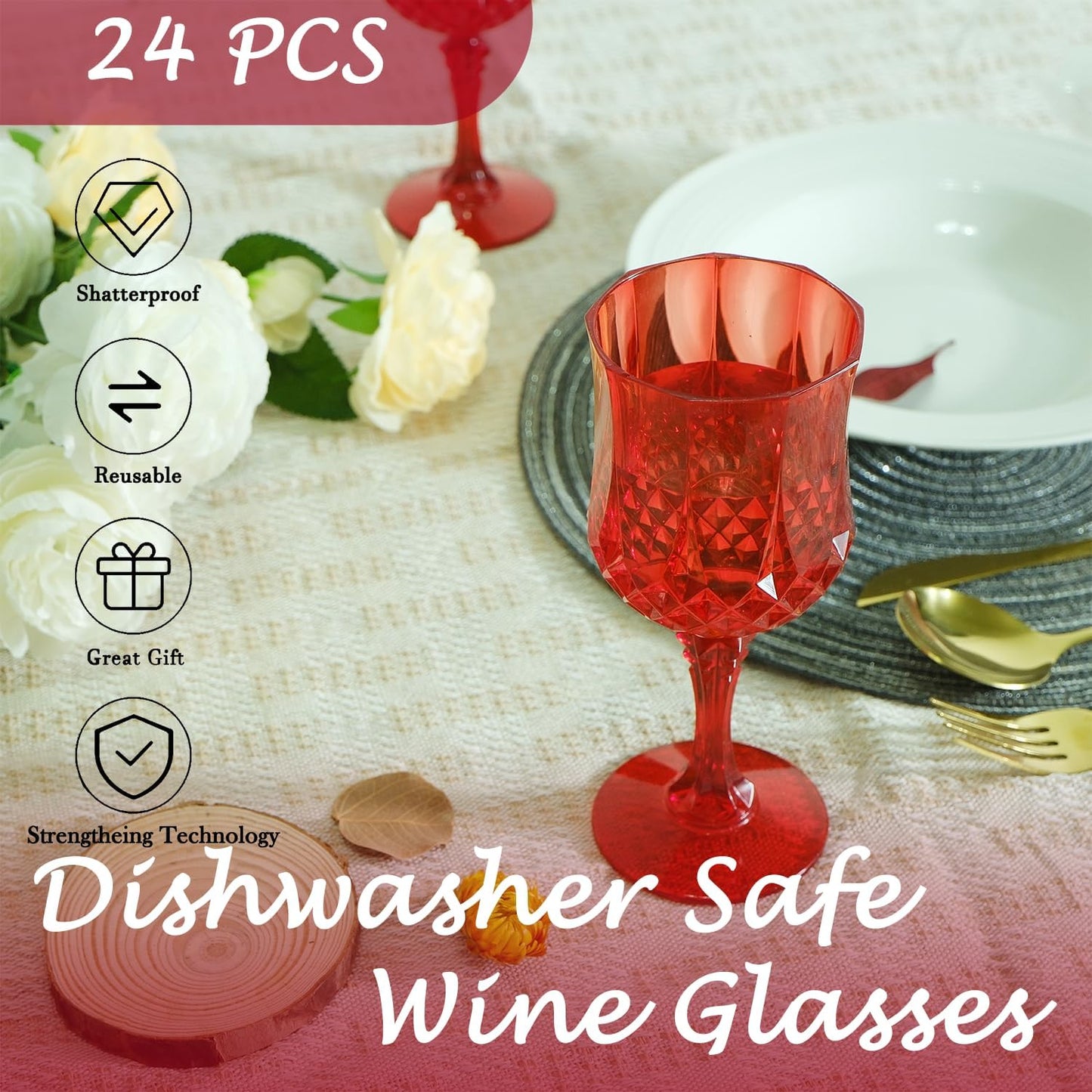 Plastic Wine Glasses，Plastic Goblets Vintage Style Cordial Drinking Glasses for Wedding Reception, Grand Event Party Supplies (24, Red)