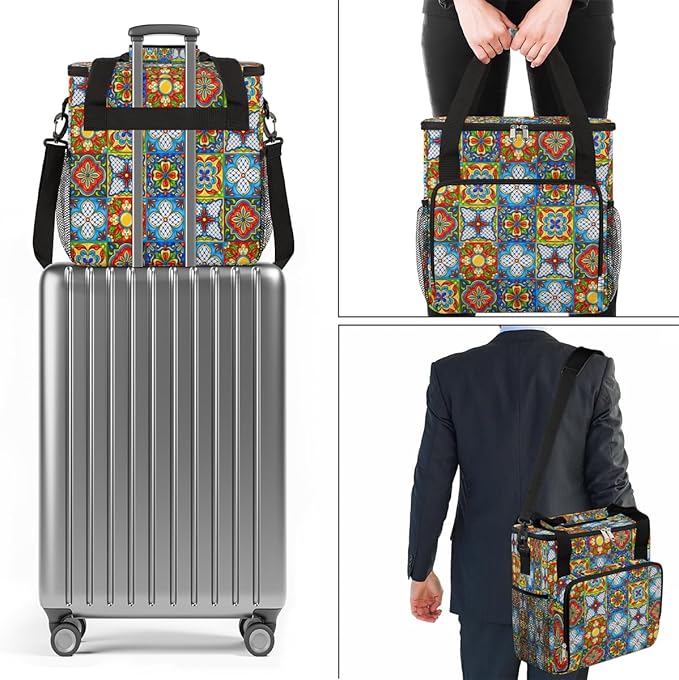Ethnic Mexican Colorful Flowers Plaid Coffee Maker Carrying Bag, Coffee Machine Travel Storage Tote Bag Compatible with K-Mini or K-Mini Plus, Portable Single Serve Coffee Brewer Case with Pockets
