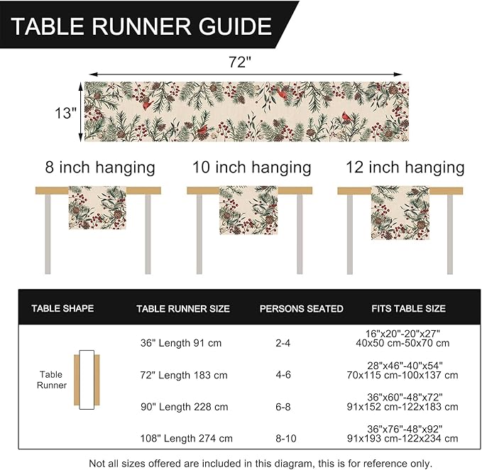 Seliem Winter Pine Needle Branches Table Runner, Pine Cone Cardinal Red Birds Berry Farmhouse Kitchen Dining Table Decor, Christmas Holiday Home Decoration Indoor Outdoor Party Supply 13 x 72 Inches