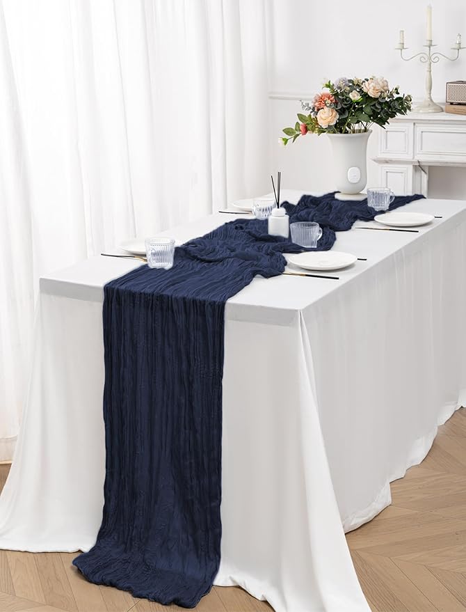 12 Pack Navy Blue Table Runner 10FT Cheesecloth Table Runner 21 x 120 inch Boho Gauze Cheese Cloth Table Runner Rustic Sheer Table Runner for Party Wedding Bridal Baby Shower Birthday Table Decor