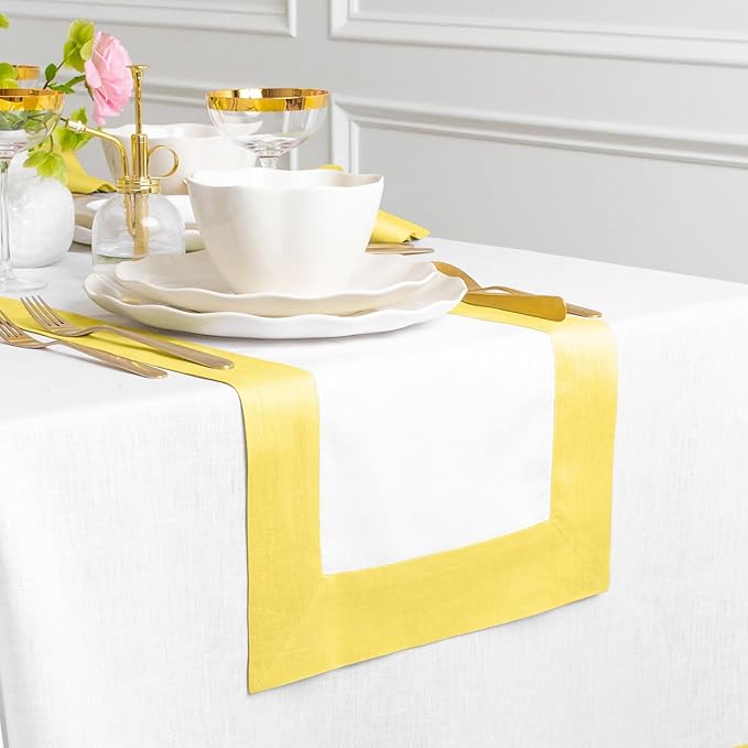 Solino Home Linen Table Runner 60 Inches - 100% Pure Linen Sunshine Yellow and White Table Runner 14 x 60 Inch Ideal for Dresser and Coffee Tables - Contempo