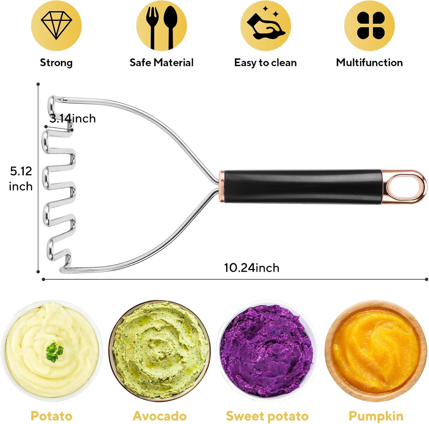 Potato Masher, Potato Masher Stainless Steel, Heavy Duty Mashed Potatoes Masher, Professional Metal Wire Masher Kitchen Tool for Bean, avocado, Vegetable-10.24 inch （Rose Gold）