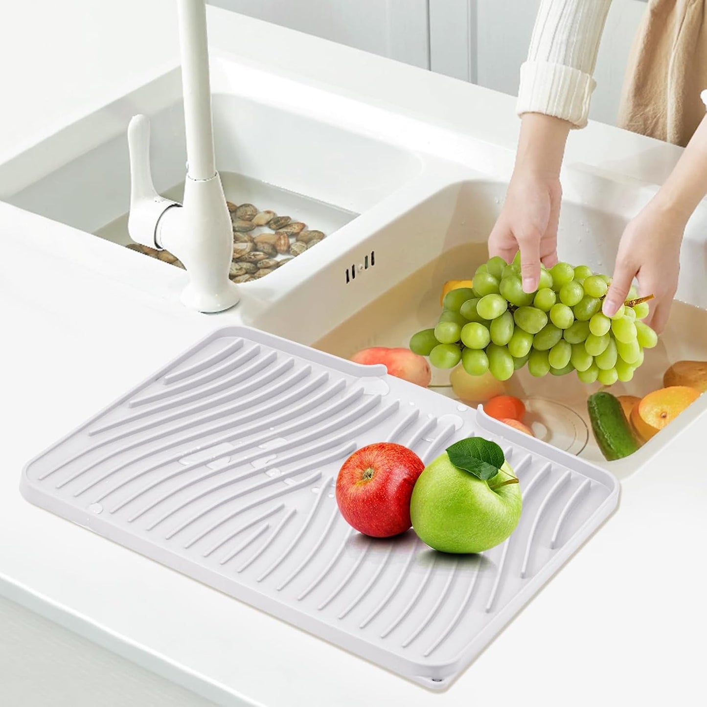Dish Drying Mat, Stone Drying Mat for Kitchen Counter with Built-in Drain, Non-Slip Drying Matt Kitchen Counter, Heat Resistant Silicone Drying Mat,Dish Drying Pad,2 Pcs(15.8"X13",Ivory)