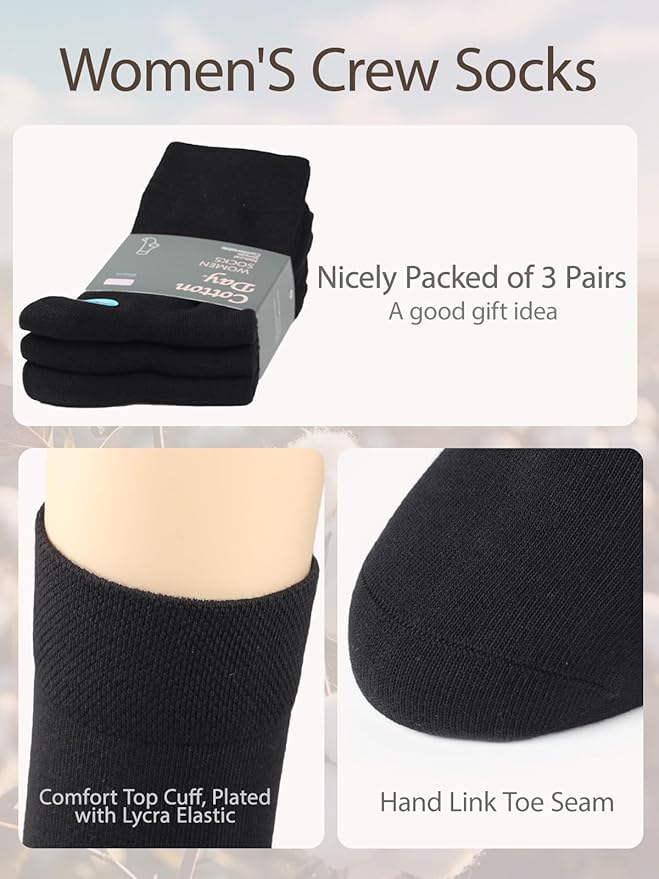 COTTON DAY Women's Soft Combed Cotton Dress Socks Seamless Toe Black White Gray Navy Blue Brown Beige