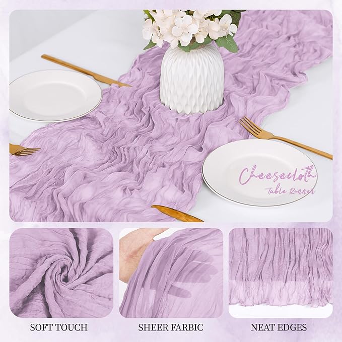12 Pack Lavender Cheesecloth Table Runner 17x108 Inch Semi Sheer Boho Gauze Cheese Cloth Fabric Table Runners, for Wedding Party Baby Shower Birthday Home Decor Garden Farmhouse