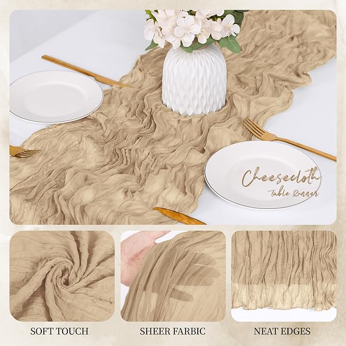 6 Pack Beige Cheesecloth Table Runner 17x108 Inch Semi Sheer Boho Gauze Cheese Cloth Fabric Table Runners, for Wedding Party Baby Shower Birthday Home Decor Garden Farmhouse