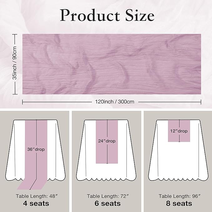 Leetaltree 6 Pack Lilac Cheesecloth Table Runner, 35x120 Inch Boho Rustic Cheese Cloth Table Runner, Decorative Table Runners for Bridal Baby Shower Decorations or Wedding Table Decorations