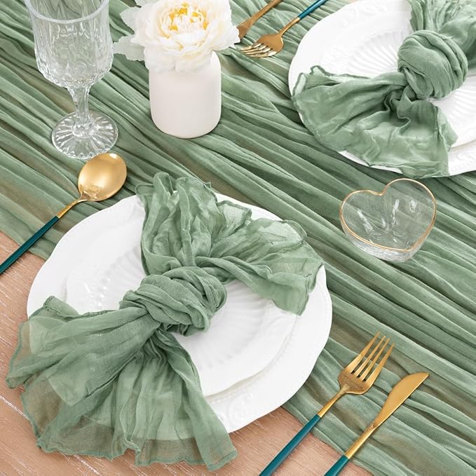 MLMC 3 Pack Sage Green Table Runner 10ft Rustic Boho Cheesecloth Table Runner Cheese Cloth Centerpiece Winter Decor 35x120 Inches for Wedding Bridal Baby Shower Decor