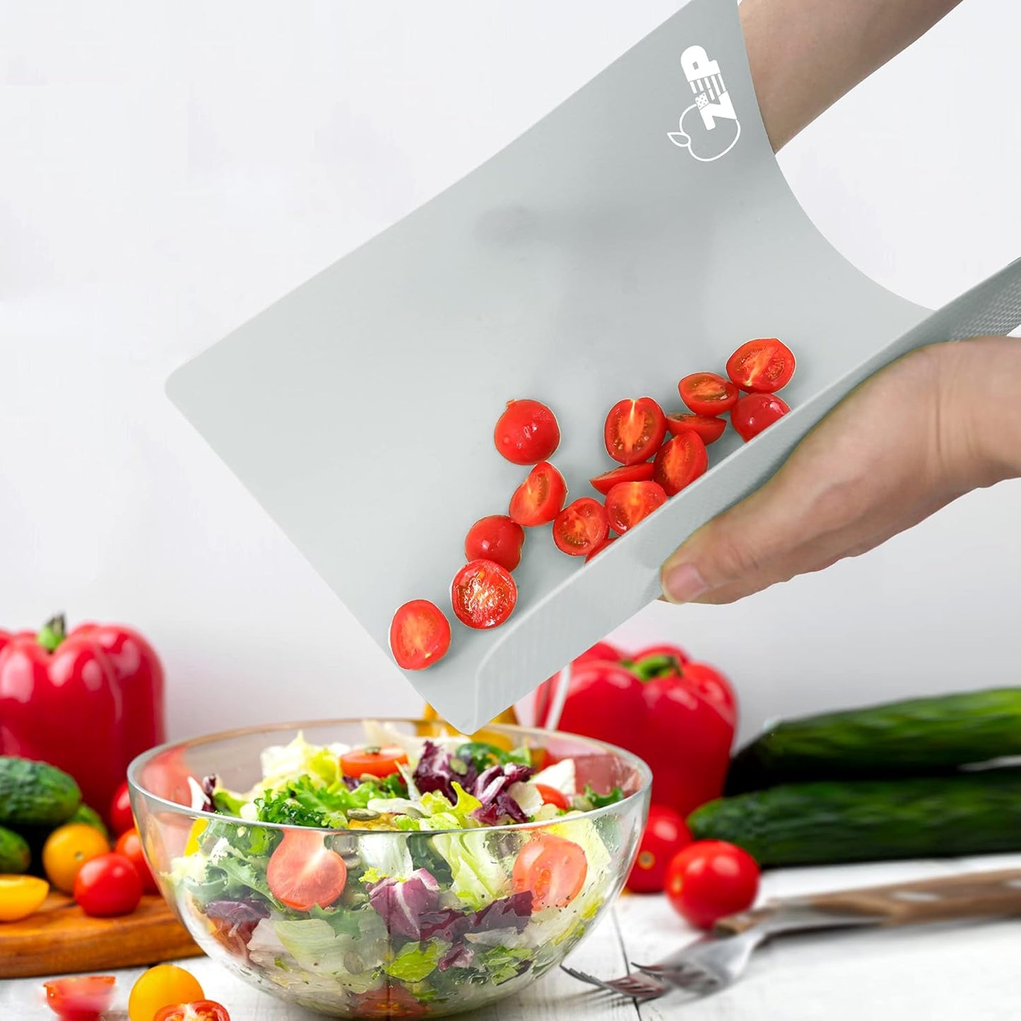 ZVP Plastic Cutting Boards for Kitchen, Flexible Cutting Mats, Gradient Gray Chopping Boards with Food Icon, Non-Slip, Non Porous, BPA Free, Dishwasher Safe