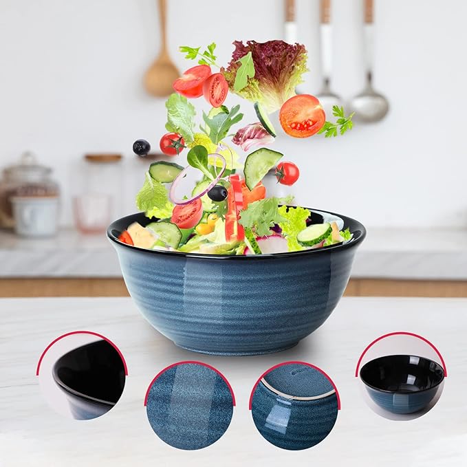 HASENSE Ceramic Mixing Bowls Set for Kitchen, Handmade Serving Dishes for Entertaining, 2.1/1.0/0.5 Qt Deep Microwave Safe Nesting Bowls for Storage and Baking, Blue