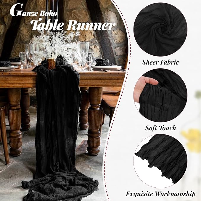 Aktor 12 Pack Black Cheesecloth Table Runner 10Ft Gauze Table Runner Boho Semi Sheer Cheese Cloth Fabric Runners for Wedding Birthday Baby Shower Party Table Decoration（Black）