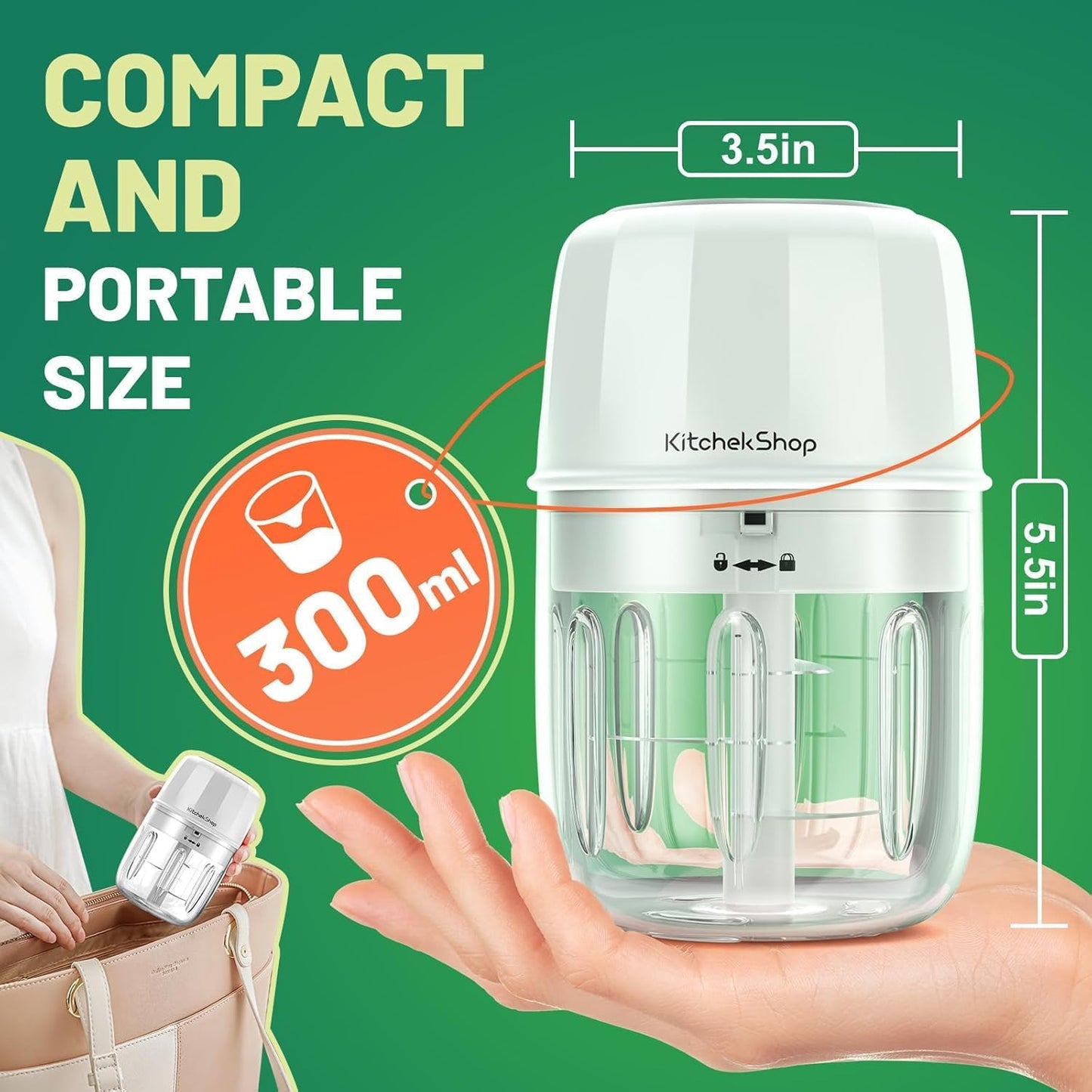 Electric Garlic Chopper, 300ML Portable Cordless Mini Food Processor, Rechargeable Vegetable Chopper Blender for Nuts Chili Onion Minced Meat and Spices BPA-Free(White)