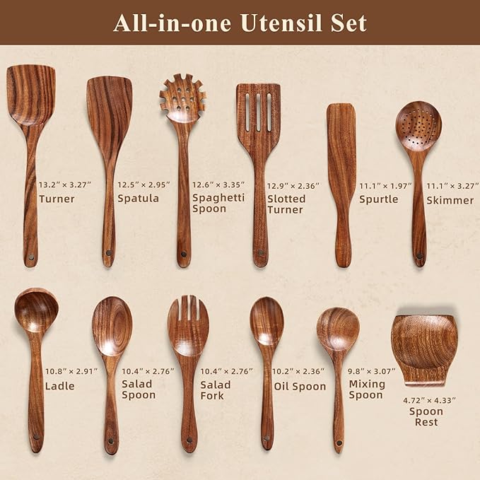 Wooden Spoons for Cooking, 12 Pcs Nonstick Wooden Cooking Utensils Set with Comfort Grip – 100% Natural Teak Wood - Sturdy, Lightweight & Heat Resistant Kitchen Utensils