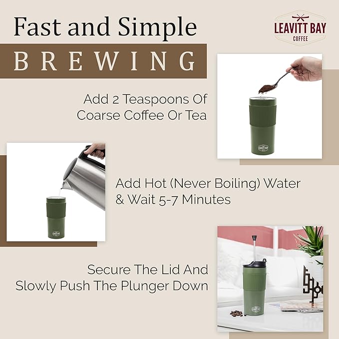 Portable French Press Travel Mug – Insulated Stainless Steel French Press Mug for Hot or Cold Brew – Durable Travel Coffee Maker – On-the-Go Tea & Coffee Maker (Army Green)