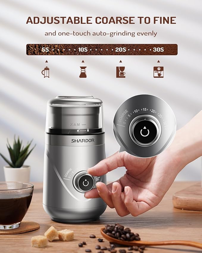 SHARDOR Electric Super Silent Blade Coffee Grinder, Timed Grind Control Rotary Knob, Adjustable Coarse to Fine for Coffee Beans, Spices & Herbs, with 1 Removable Stainless Steel Bowl, Sliver