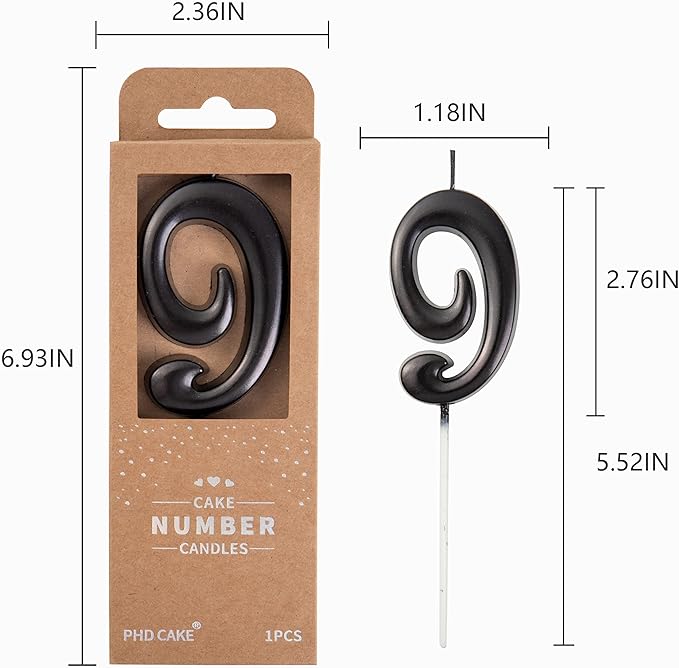 PHD Elegant Black 2.76 Inch 9 Number Birthday Candles for Party Celebration