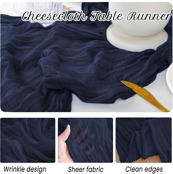 12 Pack Navy Blue Table Runner 10FT Cheesecloth Table Runner 21 x 120 inch Boho Gauze Cheese Cloth Table Runner Rustic Sheer Table Runner for Party Wedding Bridal Baby Shower Birthday Table Decor