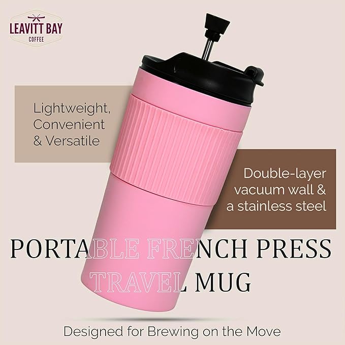 Portable French Press Travel Mug – Insulated Stainless Steel French Press Mug for Hot or Cold Brew – Durable Travel Coffee Maker – On-the-Go Tea & Coffee Maker (Pink)