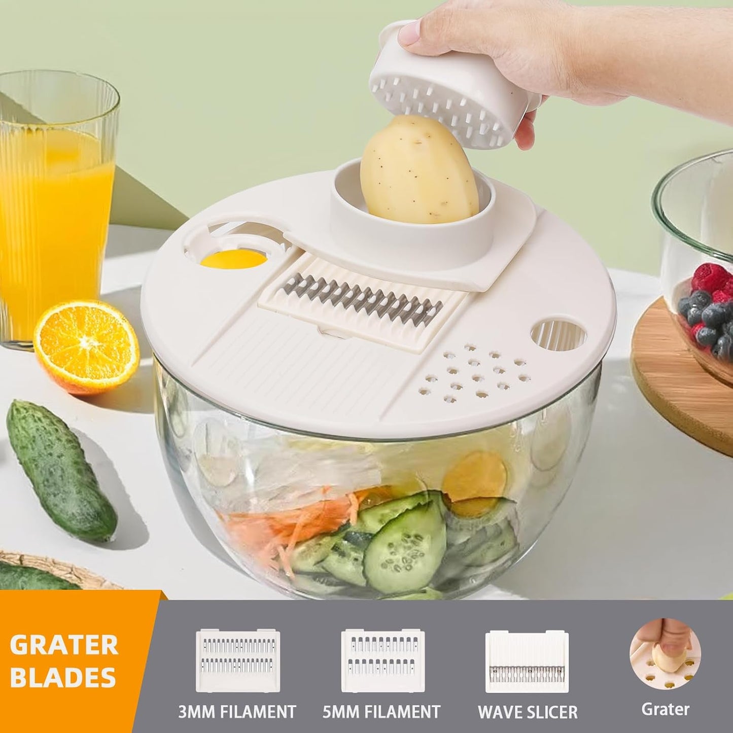 5.3QT Large Lettuce & Fruit Spinner Washing Bowl - Spin Dry Greens, Vegetables & Salad | Multitasking Kitchen Tool with Slicer, Grater & Lemon Juicer