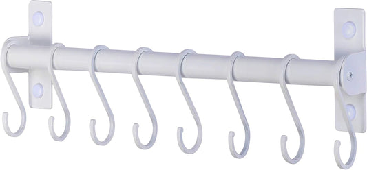 Dseap Kitchen Utensil Holder Hanger, Pot and Pan Rack Wall Mounted, Kitchen Rail with 8 Hooks for Hanging Cooking Utensils, Mugs, Spoons, Wall Mounted, White