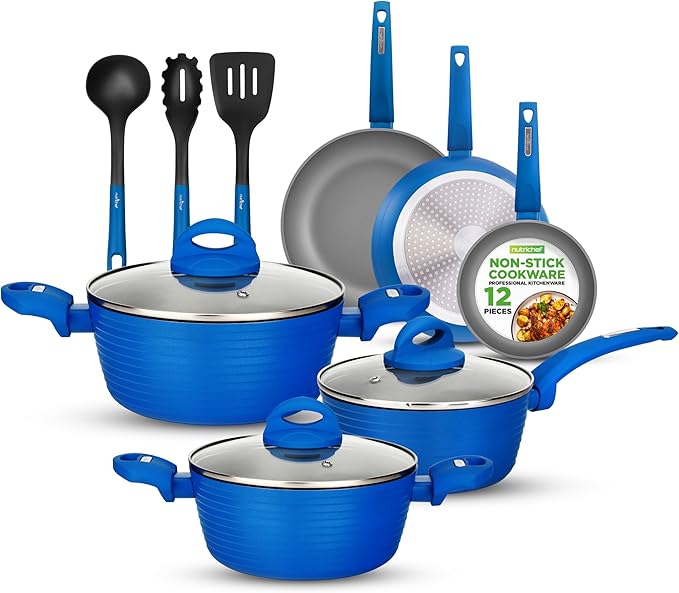 NutriChef 12 Piece Nonstick Cookware Set - PFOA/PFOS-Free Heat Resistant Lacquer Kitchen Ware Pots and Pans Set - Induction Ready Cookware Includes Saucepot, Pans, Cooking Pot Oven Pot, Lid, Utensils